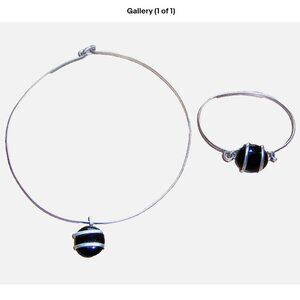 Vintage Black Glass Silver Choker Necklace and Bracelet Set